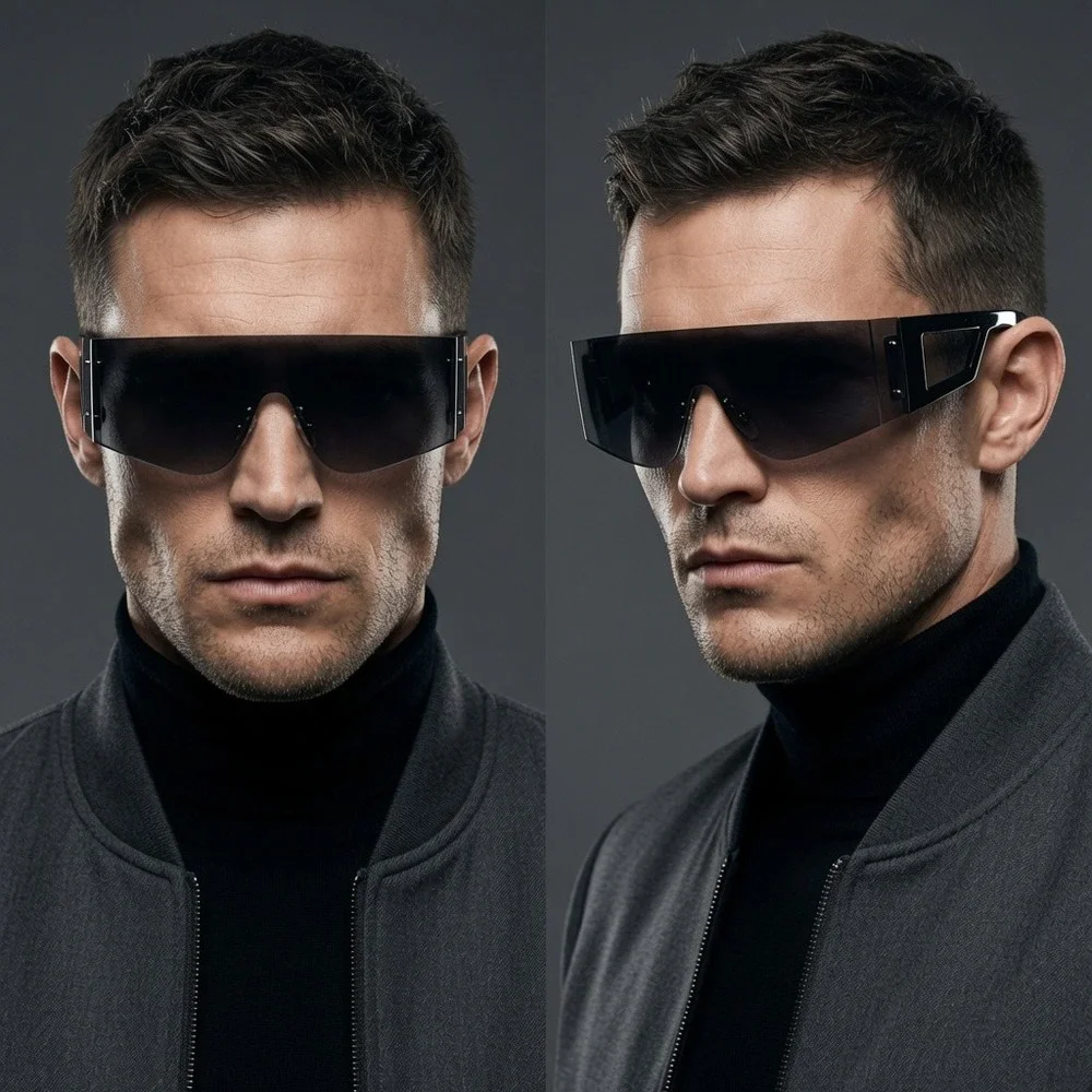 Mens Futuristic Rimless Shield Sunglasses Black Smoke Gradient‎ Cyberpunk Visor